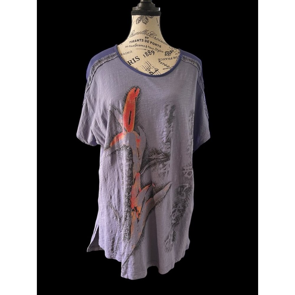 Jess & Jane Women’s Purple Graphic Top Short Sleeve Tunic Artsy Floral Sz M USA